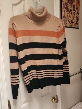 Women’s Striped Turtleneck Sweater in Beige, Black & Orange